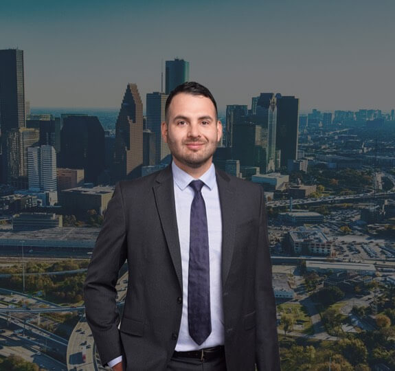 Attorney Jose Ceja super imposed over Houston skyline